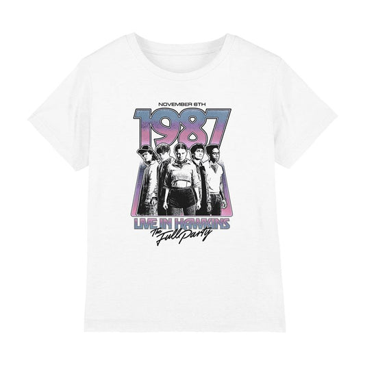 White - Front - Stranger Things Childrens-Kids Hawkins 1987 Group Tour Poster T-Shirt