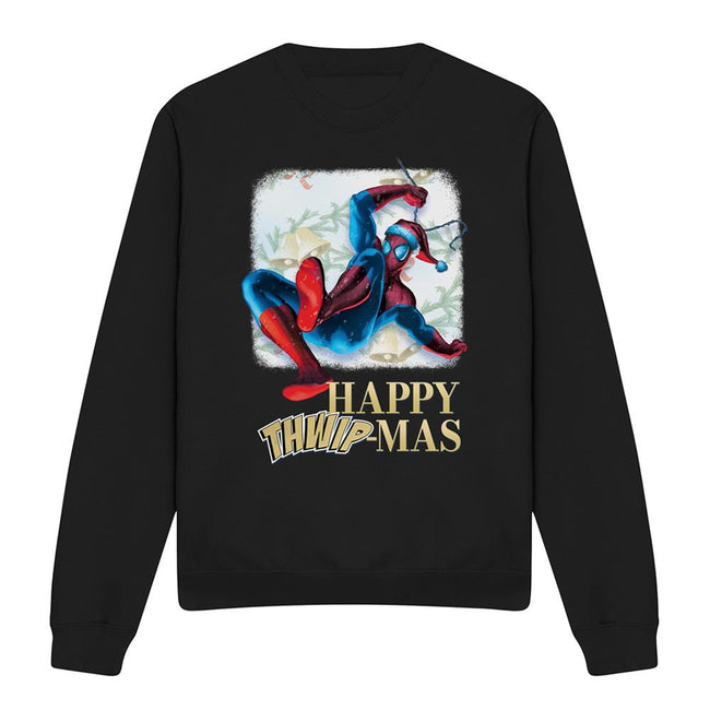 Black - Front - Spider-Man Unisex Adult Happy Thwipmas Christmas Window Sweatshirt