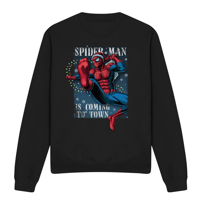 Black - Front - Spider-Man Unisex Adult Is Coming To Town Sweatshirt