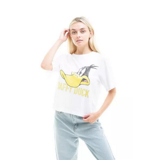 White-Yellow-Black - Side - Looney Tunes Womens-Ladies Daffy Duck Boxy Crop Top