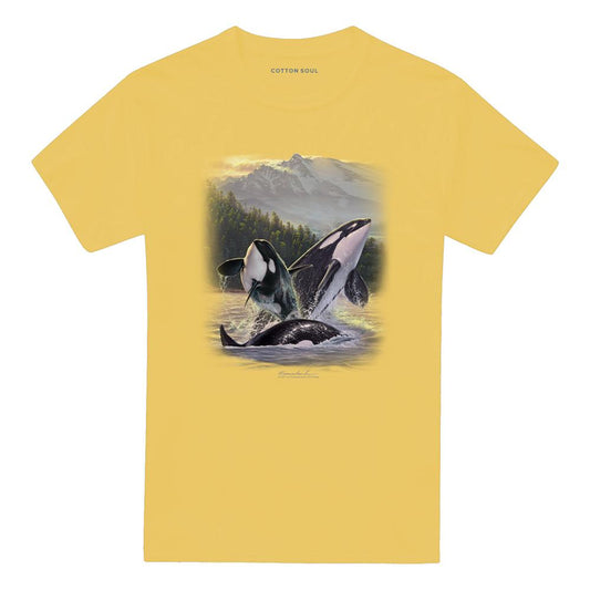 Banana Yellow - Front - Wildlife Unisex Adult Breaching Orcas T-Shirt