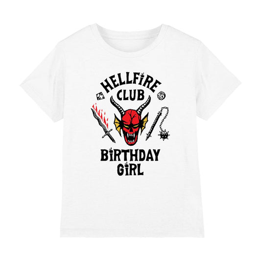 White - Front - Stranger Things Childrens-Kids Hellfire Birthday Girl T-Shirt