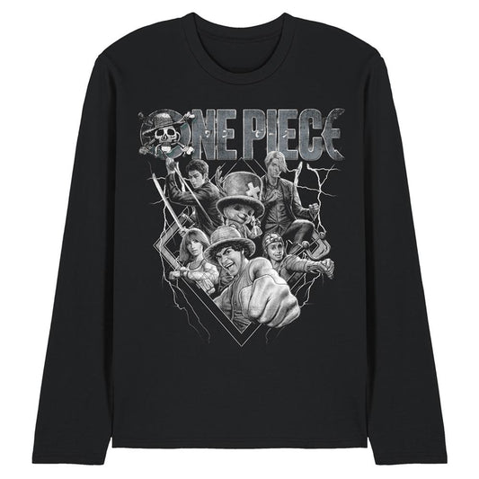 Black - Front - One Piece Unisex Adult Straw Hat Crew Heavy Metal Long-Sleeved T-Shirt