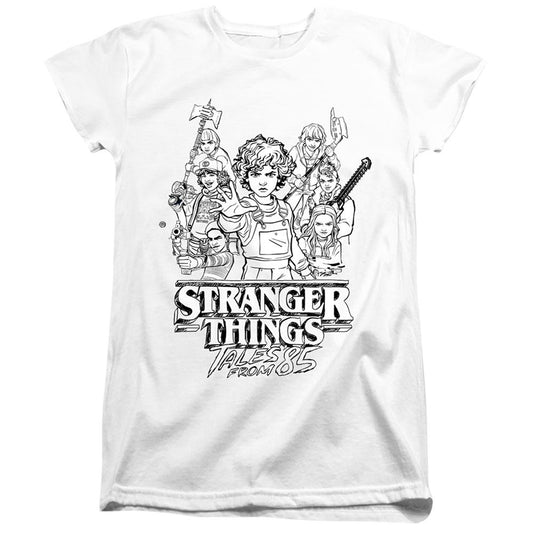 White - Front - Stranger Things: Tales from ´85 Womens-Ladies Group Sketch Capped Sleeved T-Shirt