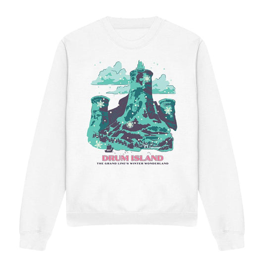 White - Front - One Piece Unisex Adult Drum Island Winter Wonderland Poster Long-Sleeved Sweatshirt