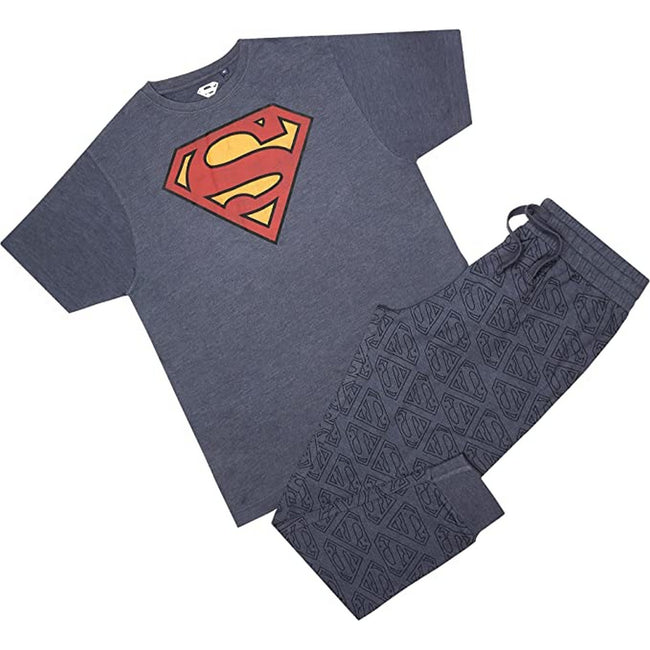 Grey-Red-Yellow - Front - Superman Mens Vintage Long Pyjama Set