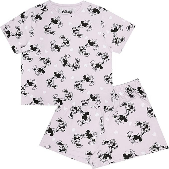 Pink-Black - Front - Disney Womens-Ladies Kissing Mickey & Minnie Mouse Short Pyjama Set