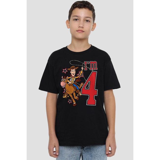 Black - Side - Toy Story Childrens-Kids I´m 4 Woody Birthday T-Shirt