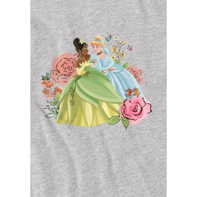 Sport Heather - Side - Disney Princess Childrens-Kids In The Garden Tiana And Cinderella T-Shirt