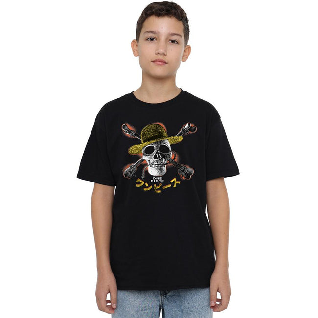 Black - Lifestyle - One Piece Childrens-Kids Straw Hat Jolly Roger T-Shirt