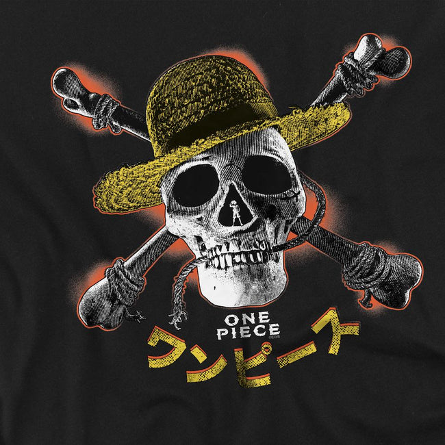 Black - Side - One Piece Childrens-Kids Straw Hat Jolly Roger T-Shirt