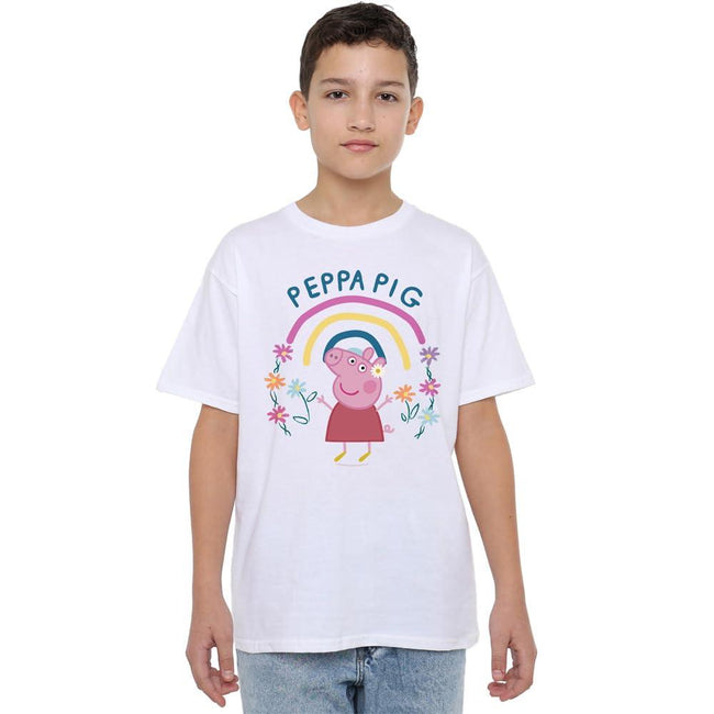 White - Lifestyle - Peppa Pig Childrens-Kids Floral Rainbow T-Shirt