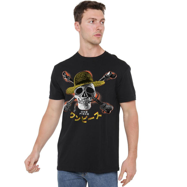 Black - Side - One Piece Mens Straw Hat Jolly Roger T-Shirt