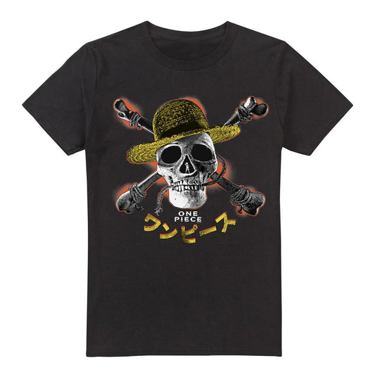 Black - Front - One Piece Mens Straw Hat Jolly Roger T-Shirt