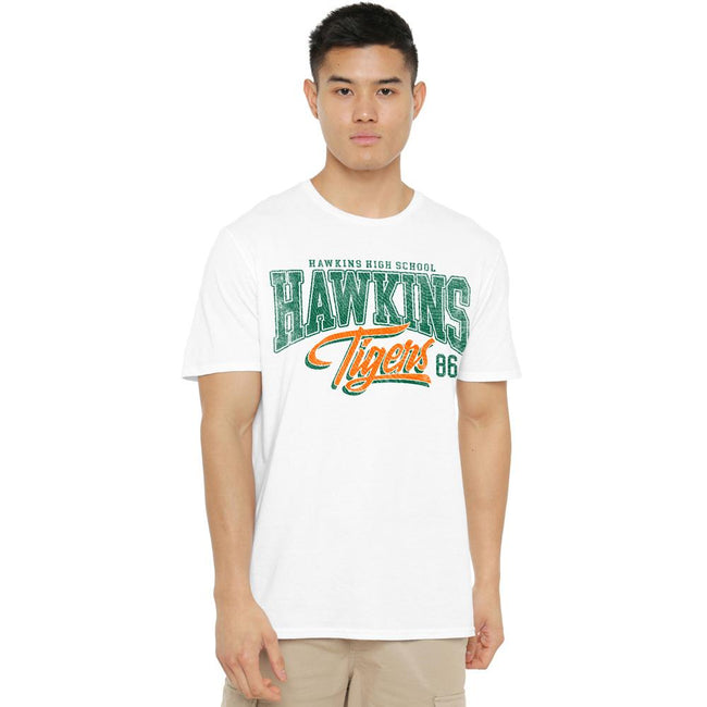 White - Side - Stranger Things Mens Hawkins Tigers 86 T-Shirt