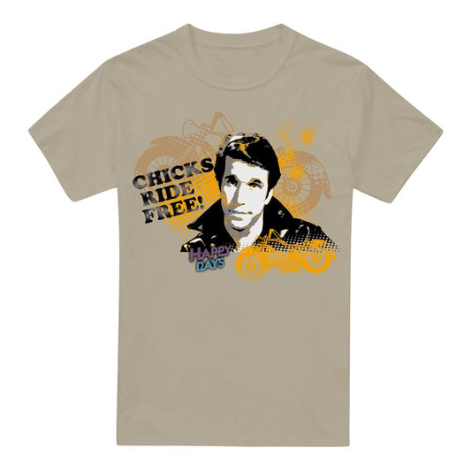 Sand - Front - Happy Days Mens Chicks Ride Free T-Shirt