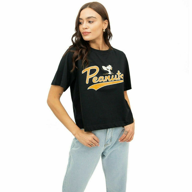 Black-Yellow-White - Lifestyle - Peanuts Womens-Ladies Varsity Boxy Crop Top