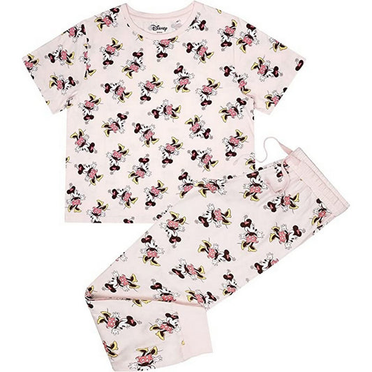 Cream-Pink-Yellow - Front - Disney Womens-Ladies Jazz Minnie Mouse All-Over Print Long Pyjama Set