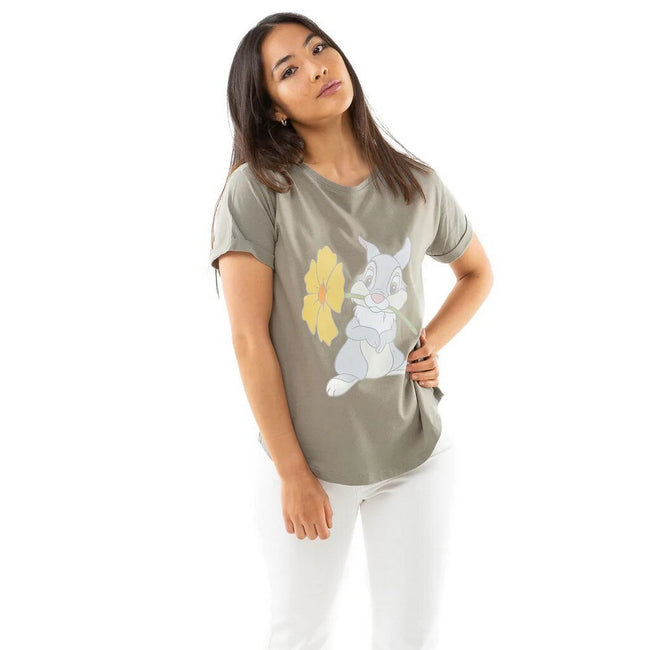 Light Khaki-Blue-Yellow - Lifestyle - Bambi Womens-Ladies Thumper Flower T-Shirt