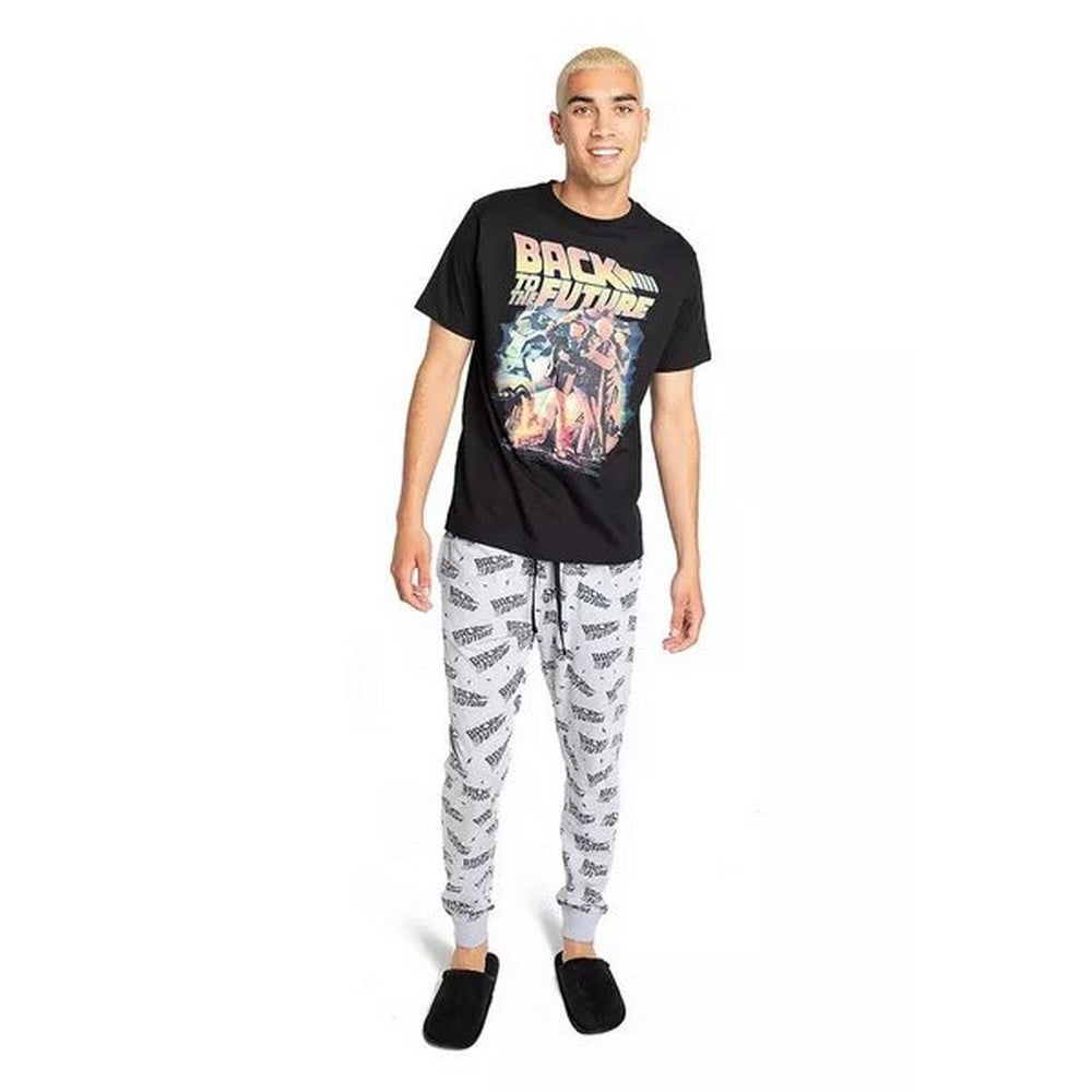 Black-Grey-Orange - Close up - Back To The Future Mens Poster Cotton Long Pyjama Set