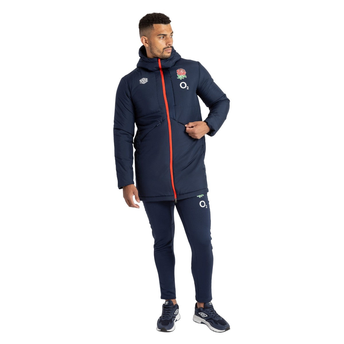 Navy Blazer-Flame Scarlet - Pack Shot - Umbro Mens 23-24 England Rugby Padded Jacket