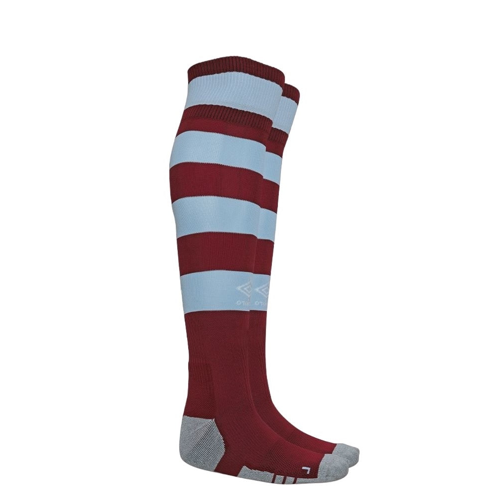 Claret Red-Sky Blue-Grey - Front - Umbro Childrens-Kids 23-24 West Ham United FC Home Socks