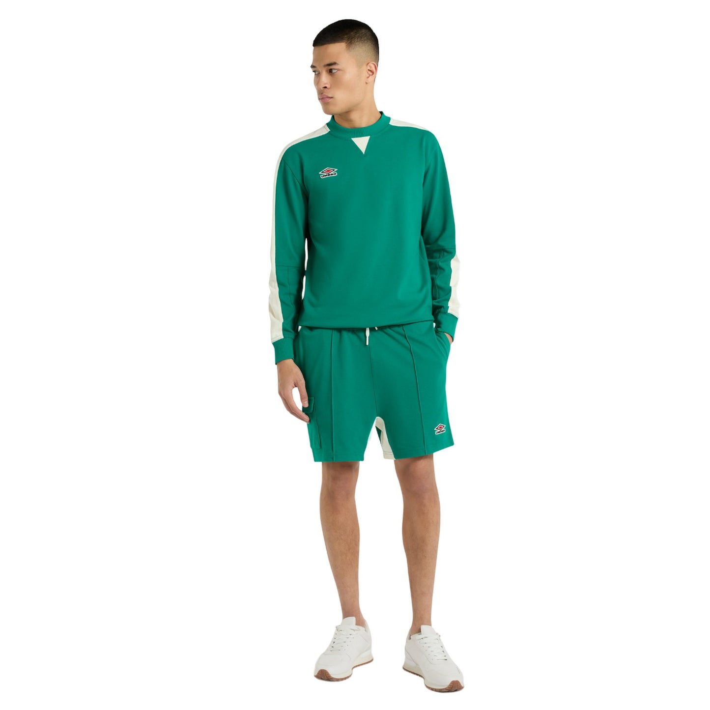 Quetzal Green-Papyrus - Pack Shot - Umbro Mens Panelled Shorts