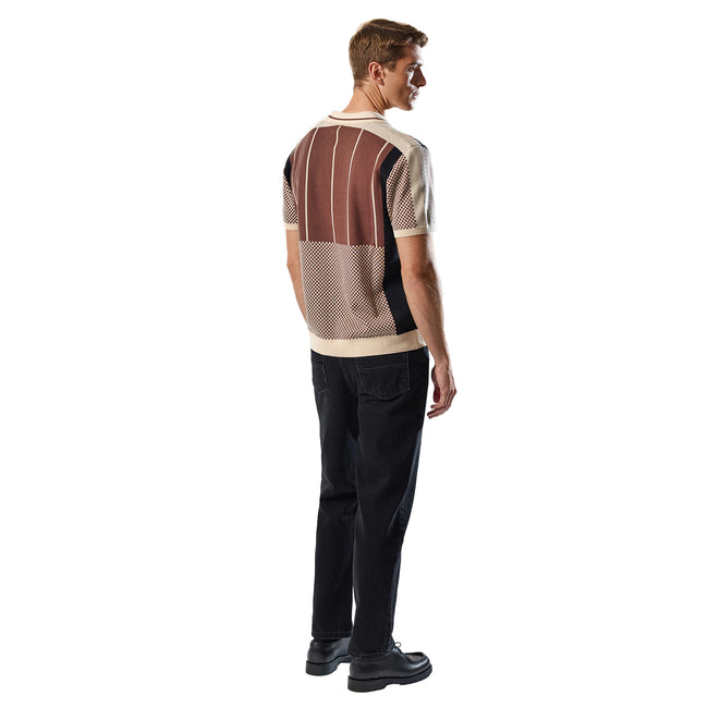 Brown - Back - Umbro Mens Palet Percival Knitted Stripes Football Polo Shirt