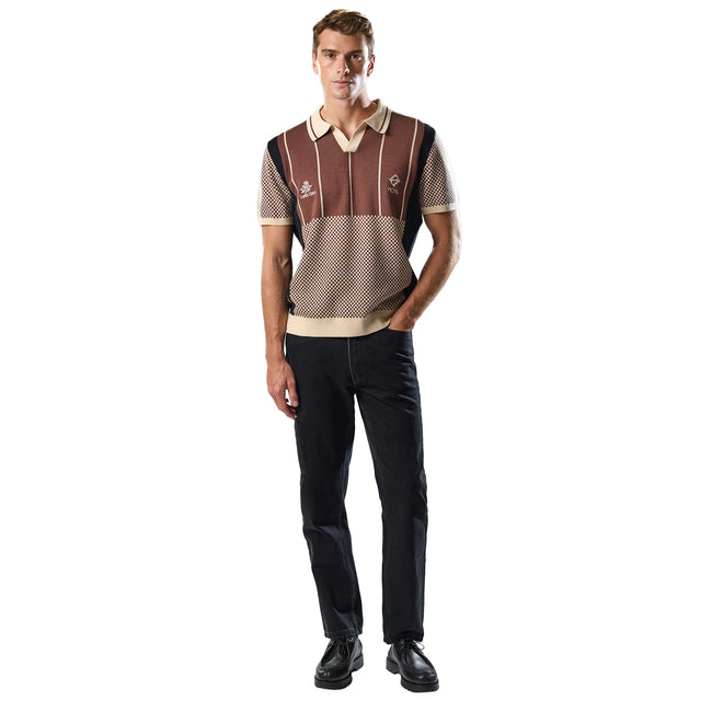 Brown - Side - Umbro Mens Palet Percival Knitted Stripes Football Polo Shirt