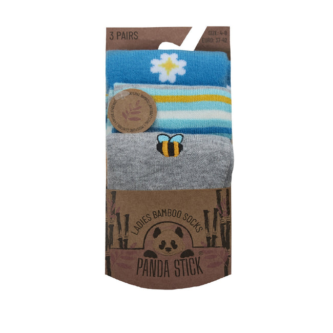 Grey-Blue - Back - Panda Stick Womens-Ladies Flowers & Bees Bamboo Socks (Pack Of 3)