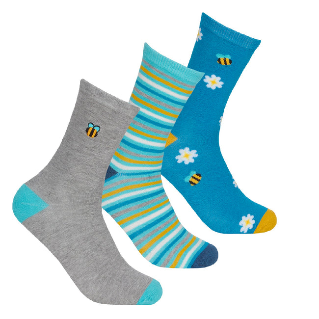 Grey-Blue - Front - Panda Stick Womens-Ladies Flowers & Bees Bamboo Socks (Pack Of 3)