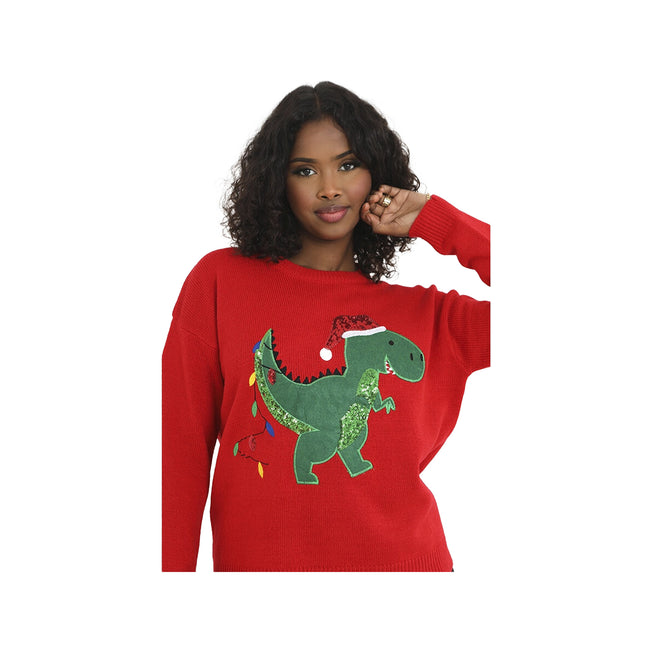 Red - Side - Brave Soul Womens Christmas Dinosaur Jumper
