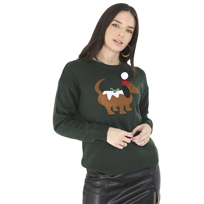 Deep Green - Front - Brave Soul Womens Christmas Dog Jumper