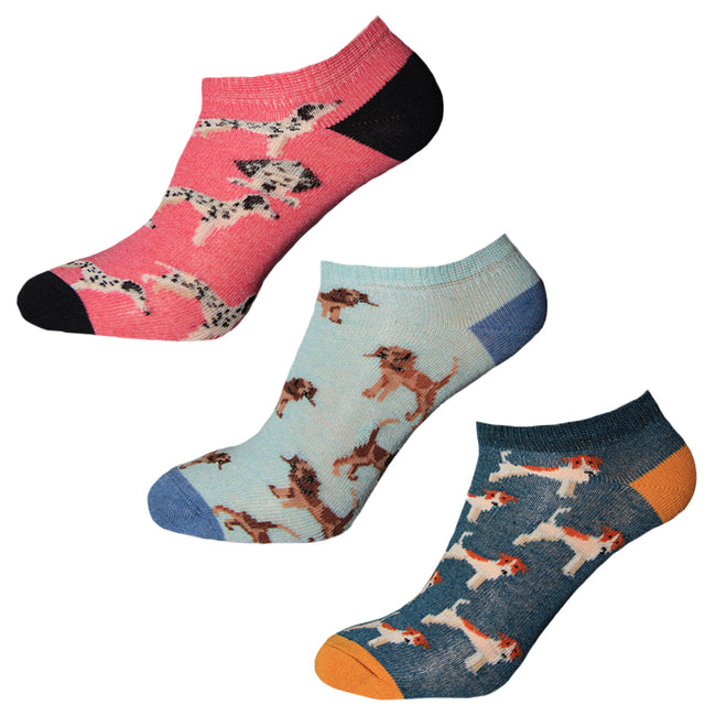 Pink-Baby Blue-Teal - Front - Simply Essentials Womens-Ladies Dogs Trainer Socks (Pack Of 3)