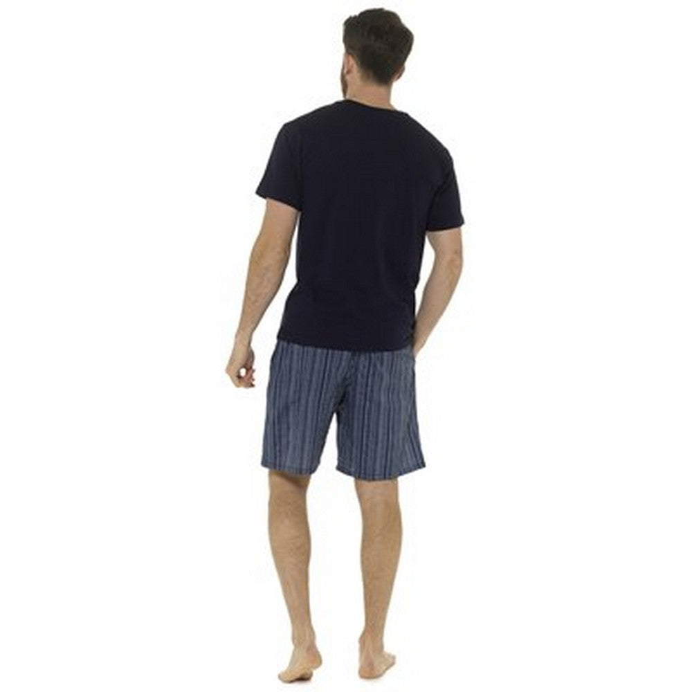 Navy Stripe - Back - Foxbury Mens Jersey Striped Short Lounge Set