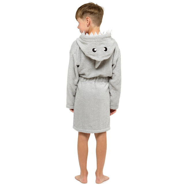Grey - Back - Boys Shark Hooded Towelling Robe