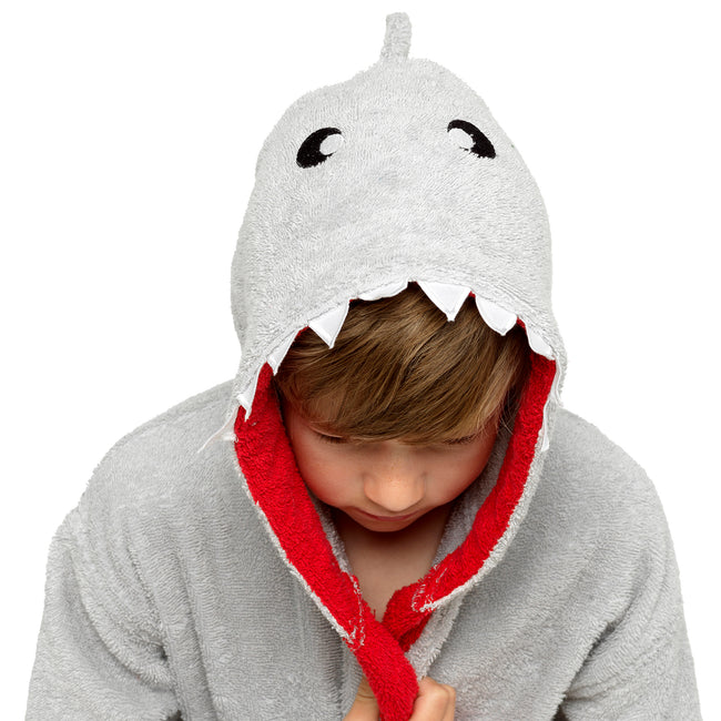 Grey - Side - Boys Shark Hooded Towelling Robe