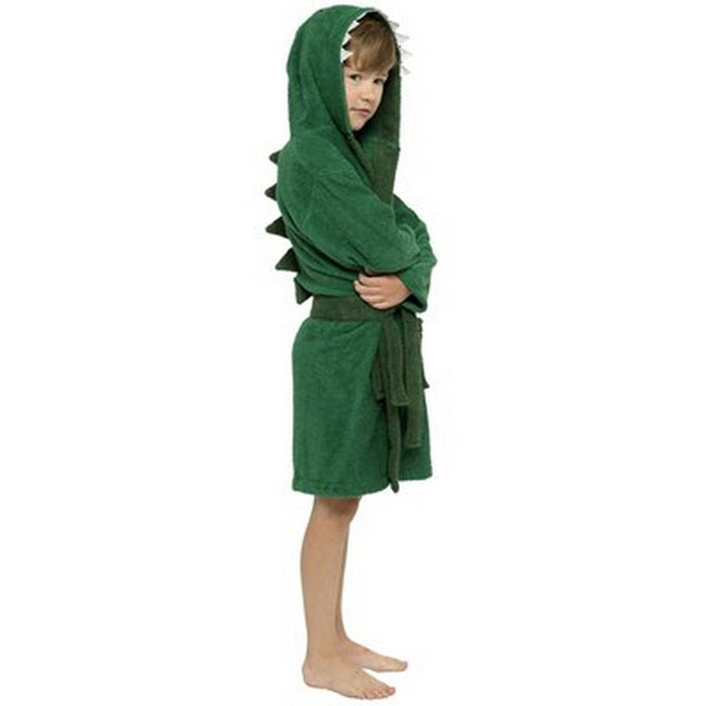 Green - Side - Tom Franks Boys Dinosaur Hooded Dressing Gown