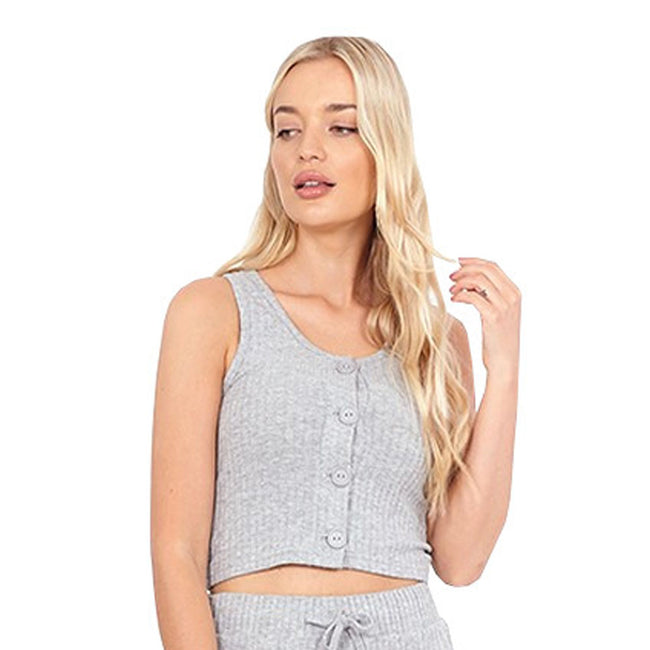 Grey Marl - Back - Brave Soul Ladies-Womens Cropped Buttoned Pyjama Set