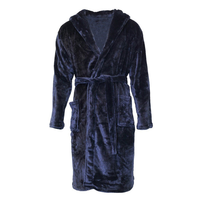 Navy - Front - Pierre Roche Mens Soft Touch Hooded Dressing Gown