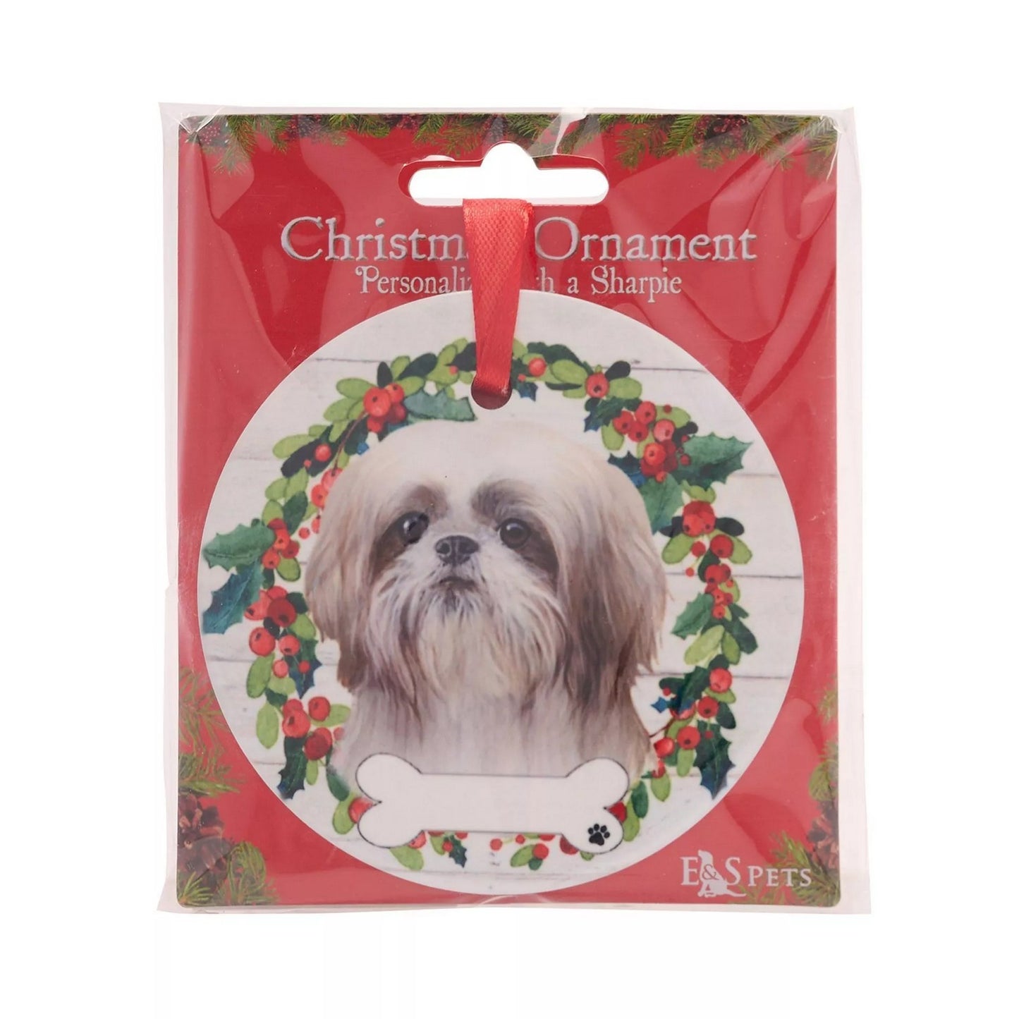 White-Brown-Green - Back - Best Of Breed Shih Tzu Wreath Christmas Hanging Decoration