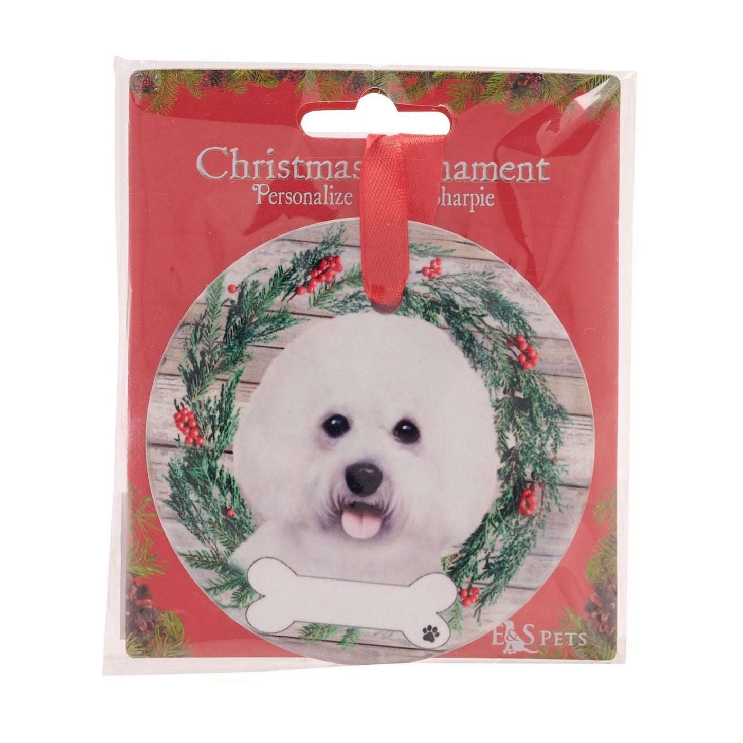 White-Brown-Green - Back - Best Of Breed Bichon Frise Wreath Christmas Hanging Decoration