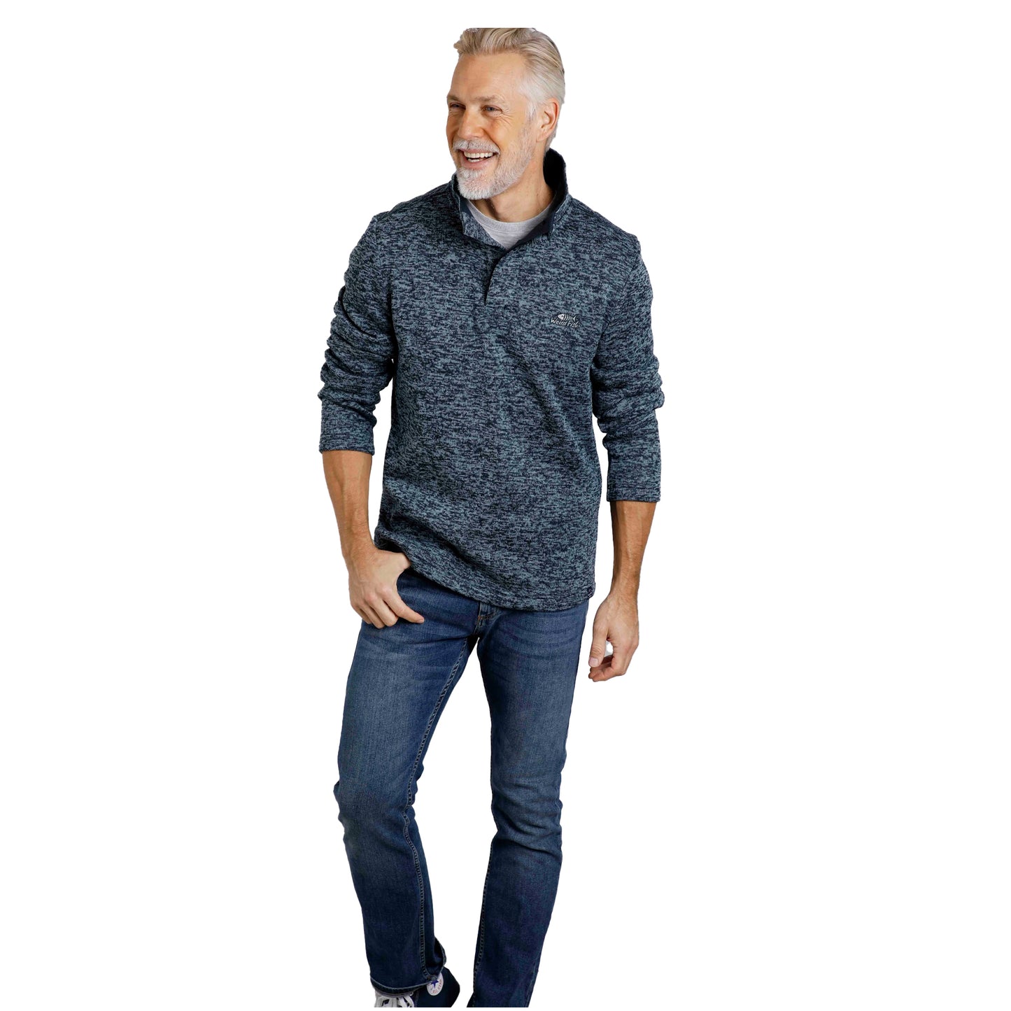 Navy - Side - Weird Fish Mens Seataller Knitted Recycled Polyester Button Neck Fleece Top