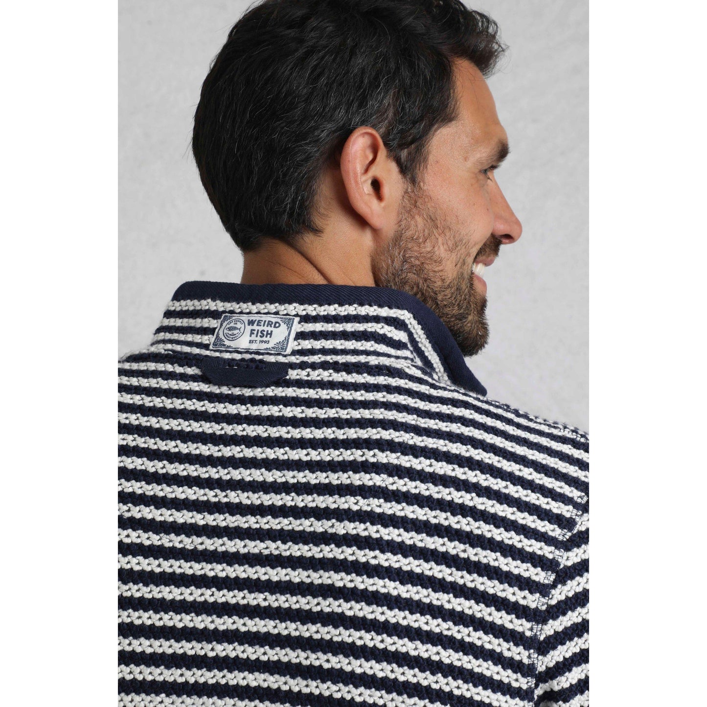 Ecru - Close up - Weird Fish Mens Shorling Stripe Macaroni Quarter Zip Jumper