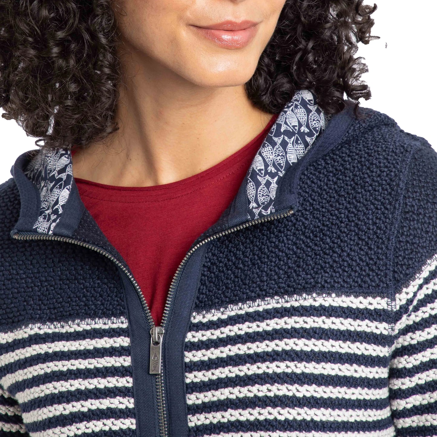 Navy - Pack Shot - Weird Fish Womens-Ladies Bianca Striped Macaroni Eco Friendly Full Zip Hoodie