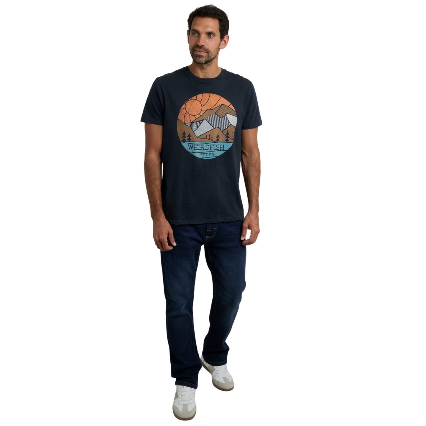 Navy - Pack Shot - Weird Fish Mens Foothills Printed Organic Cotton T-Shirt