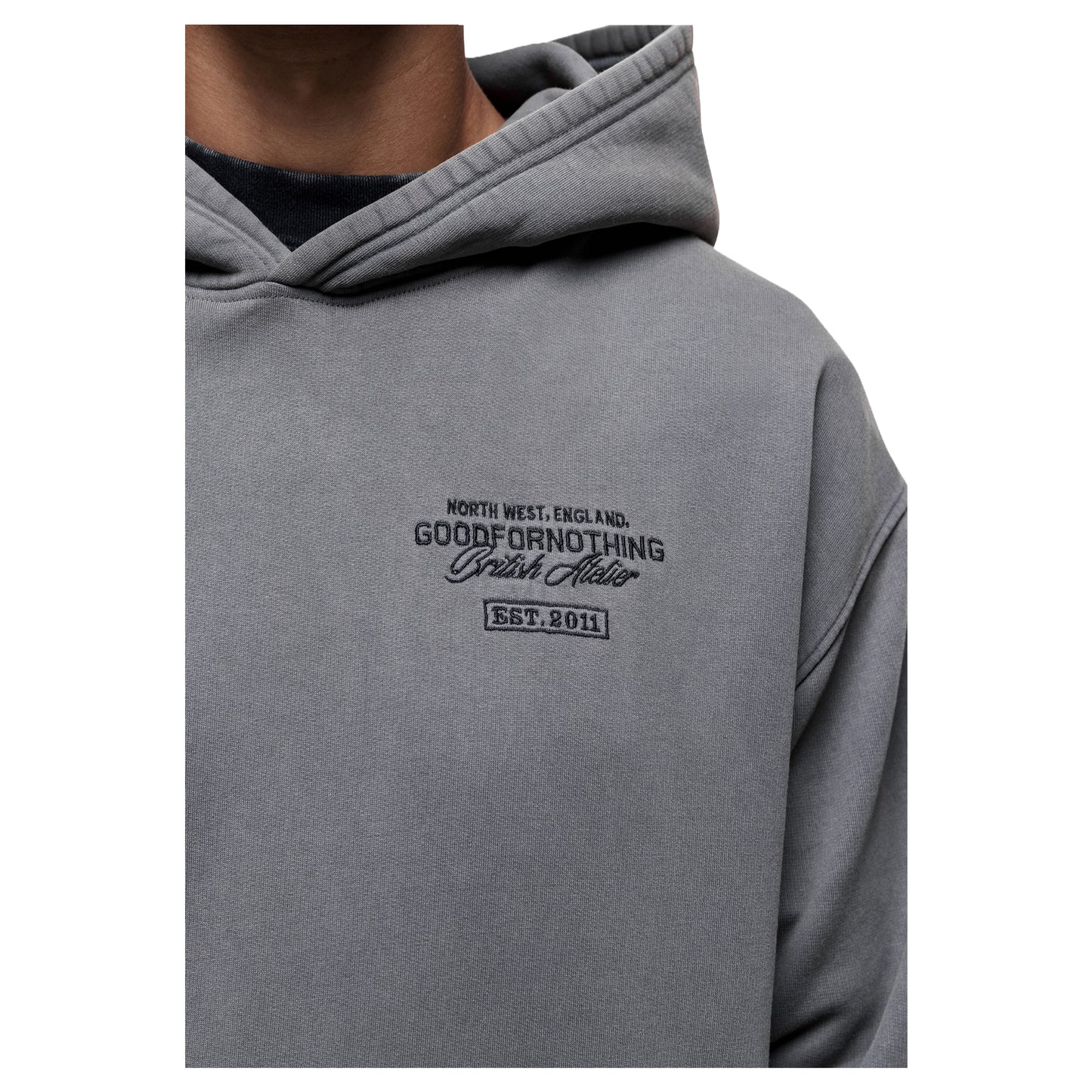 Grey - Side - Good For Nothing Mens Atelier Pull Over Branded Oversized Hoodie