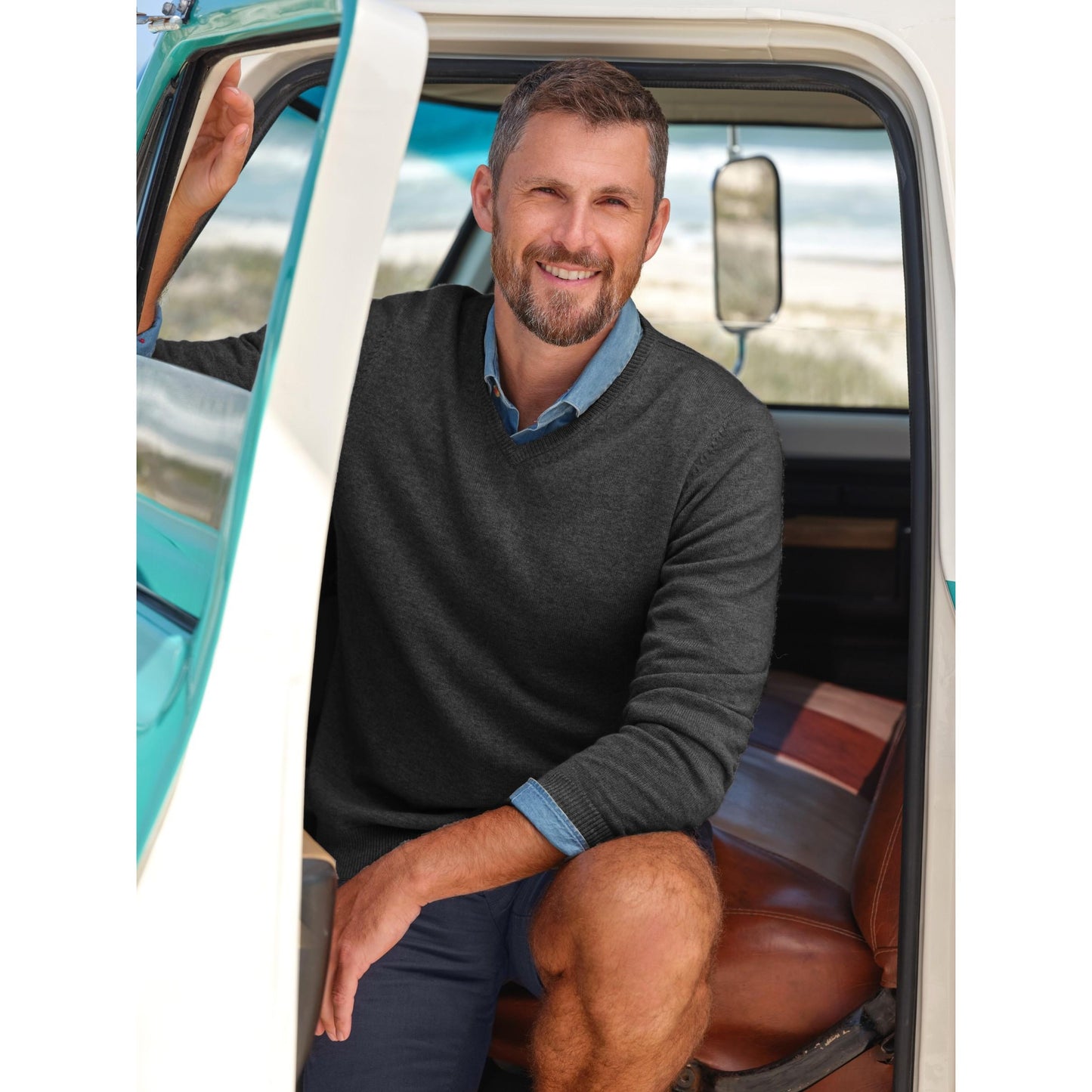 Dark Charcoal - Side - WoolOvers Mens Cashmere V Neck Jumper