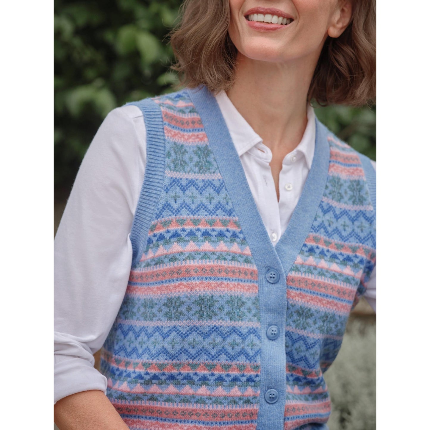 Blue-Multicoloured - Side - WoolOvers Womens-Ladies Fair Isle Button Waistcoat