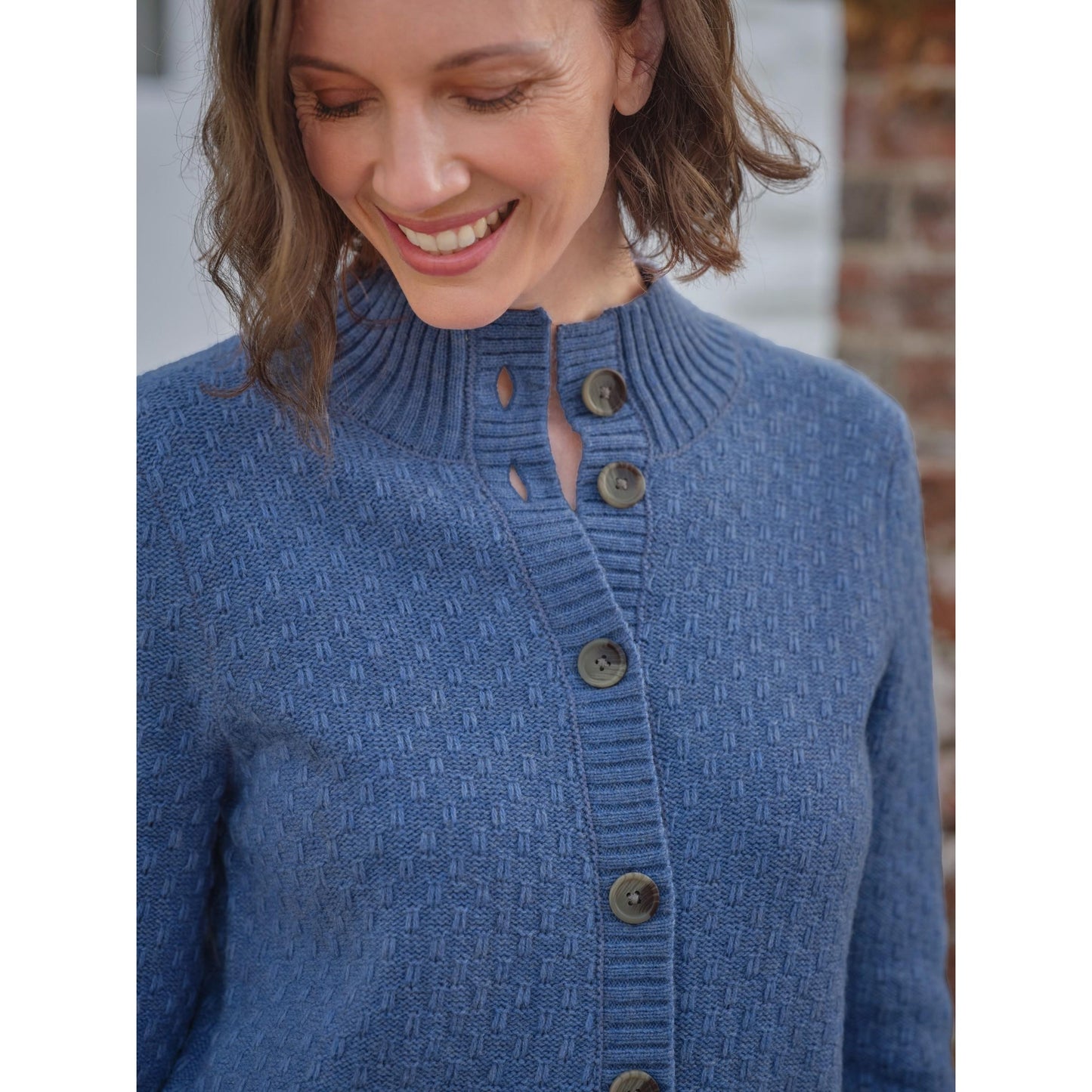 Denim - Back - WoolOvers Womens-Ladies Button Funnel Neck Cardigan